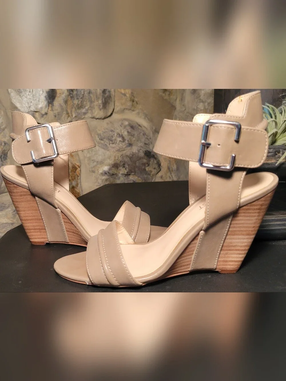 Nine West Pepita Women's 7M Taupe Wedge Sandals Ankle Strap Buckle Open Toe